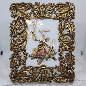 Ornate Gold Leaf Picture Frame with Decorative Owl Accent Jewerly Art.